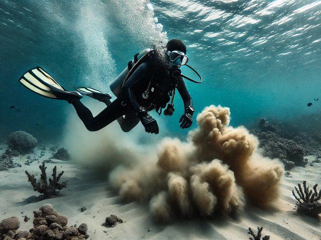Un buceador con flotabilidad deficiente levanta arena del fondo